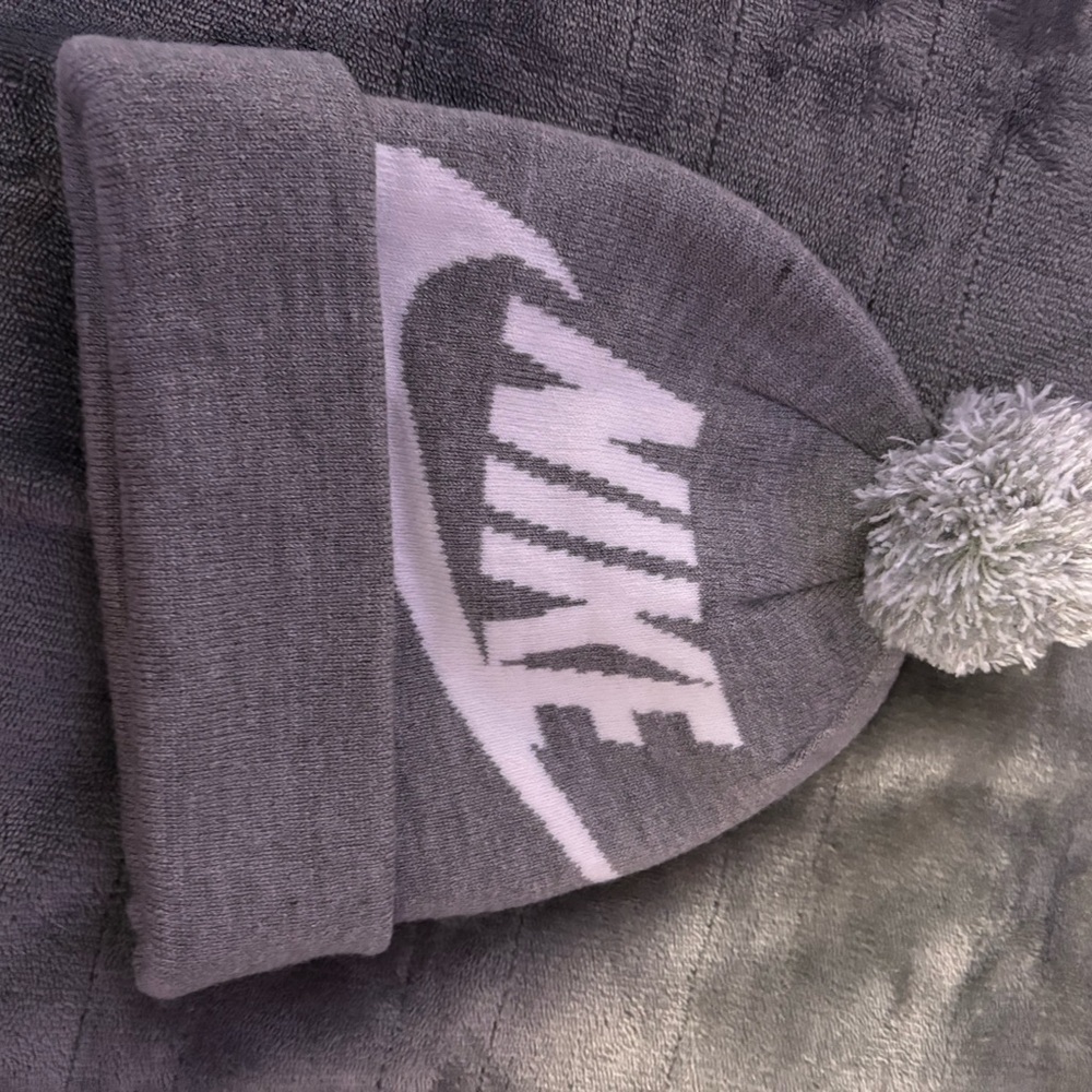 Nike Gray and White Knit Beanie with Pom-Pom